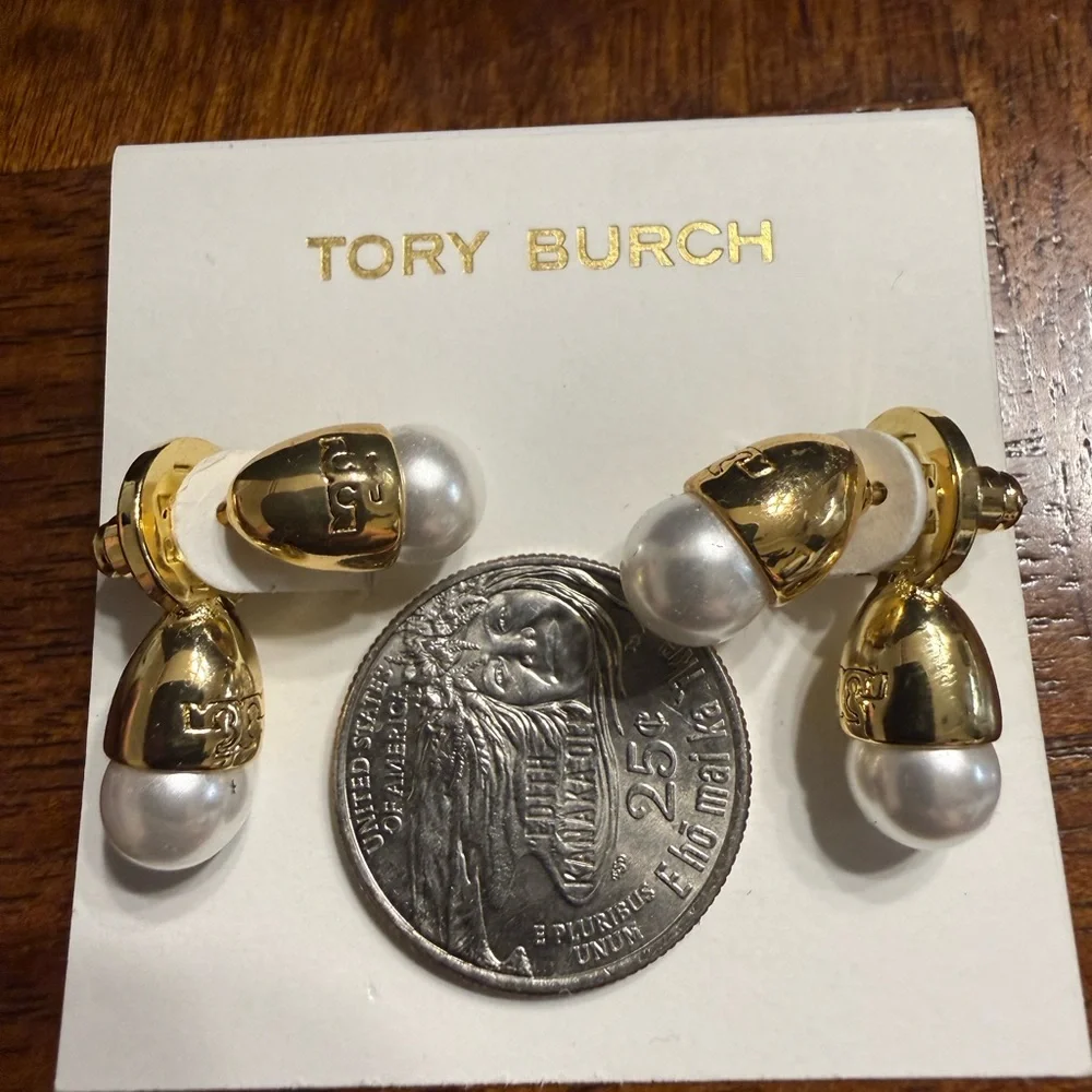 RARE Tory Burch Double Pearl Signature Logo Front and Back Brass Earrings